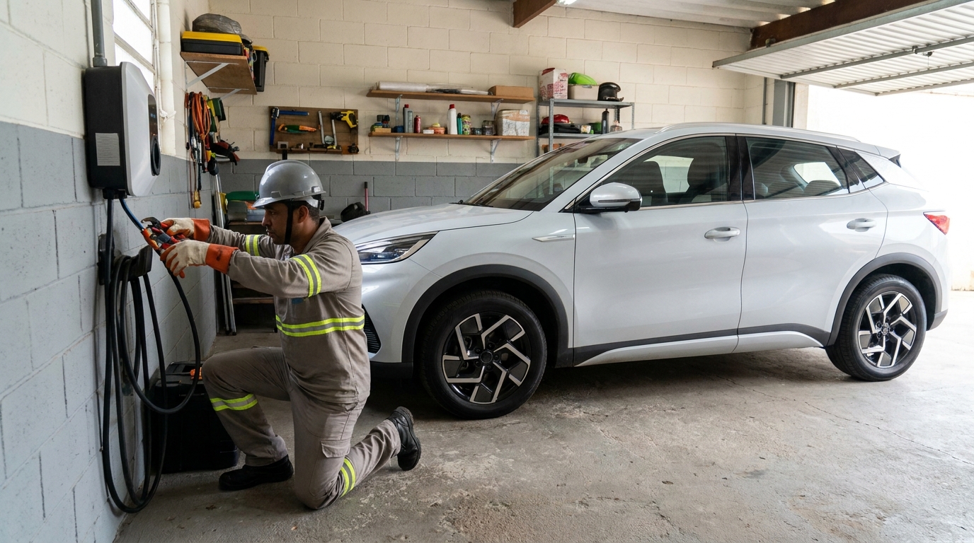 Eletricista instalando carregador de carro eletrico em Jaraguá do Sul‑SC