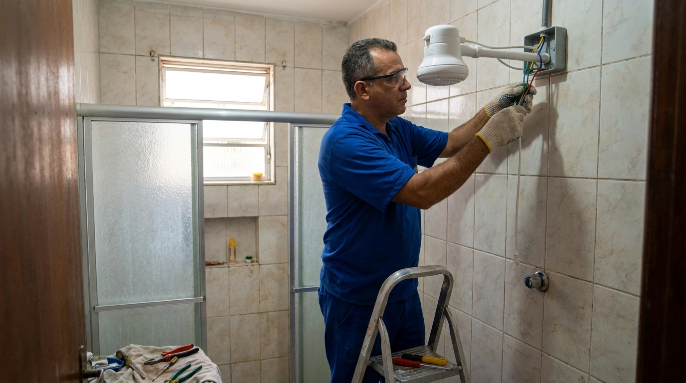 Eletricista instalando chuveiro eletrico em Jaraguá do Sul‑SC