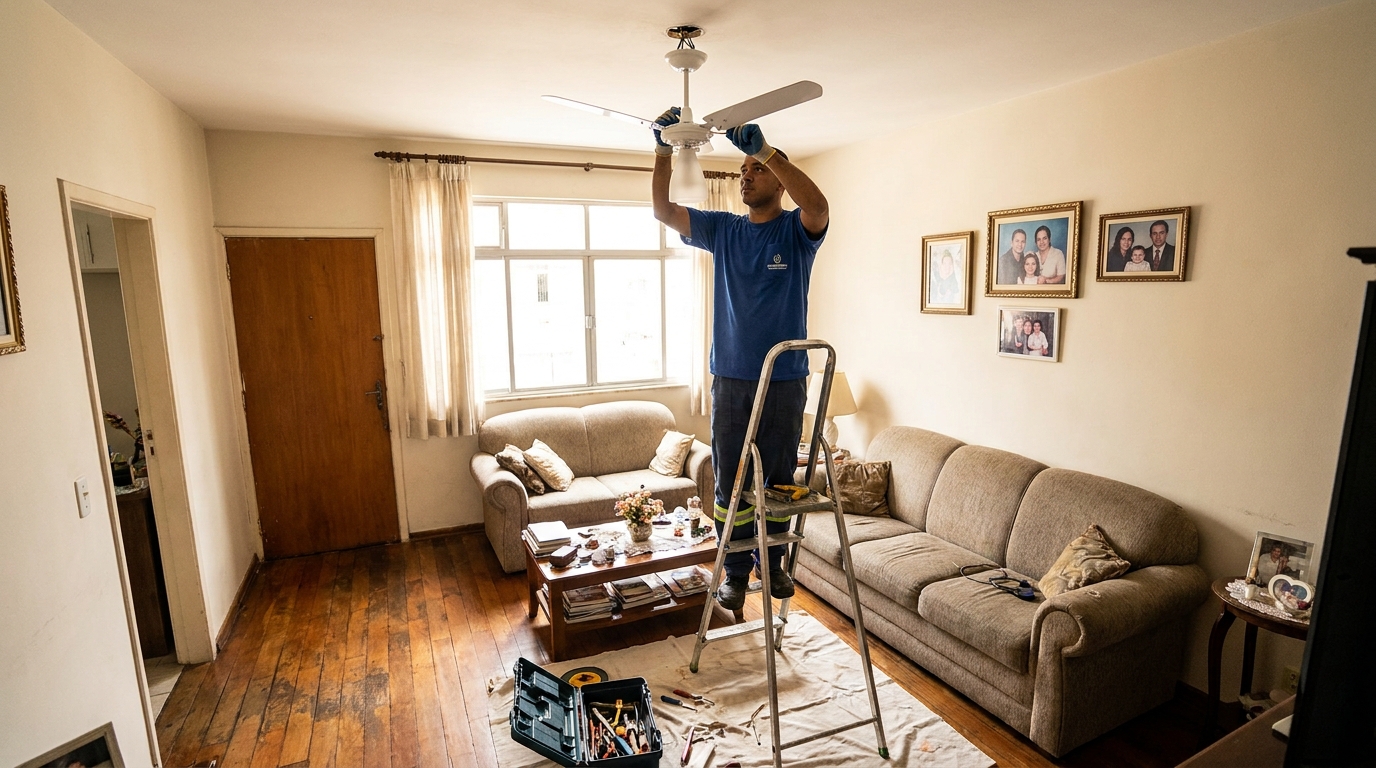 Eletricista instalando ventilador de teto em Jaraguá do Sul‑SC